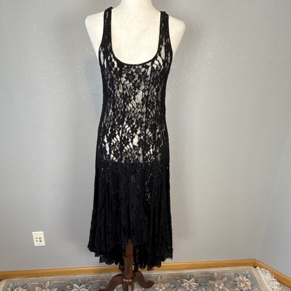 Biya Johnny Was Sheer Black Lace Hi Low Midi Maxi Flare Dress Size M Racerback - Picture 1 of 8